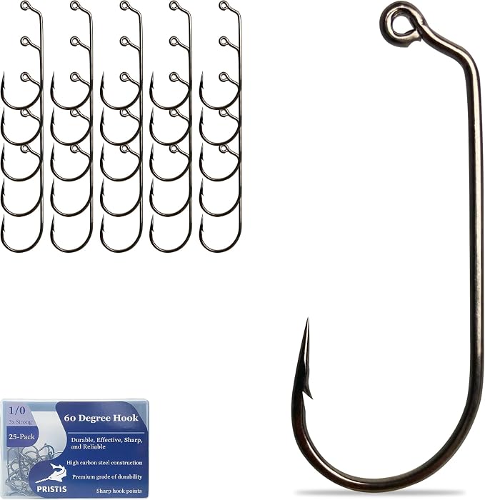 Pristis 25 Pack High Carbon Steel Fishing Hooks, Reinforced EWG Circle Octopus Round Bend 60 Degree Wide Gap Strong Barbed Worm Fish Hook Jig Bait Rig for Saltwater Freshwater Bass Tuna Walleye Trout