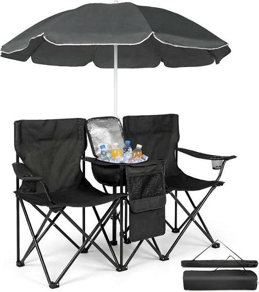 Double Folding Camping Chair with Removable Sun Umbrella and Cooler Bag, 2 Person Portable Picnic Chair for Beach, Patio, Fishing and Tailgating, 600D Oxford Fabric, Black (Black)