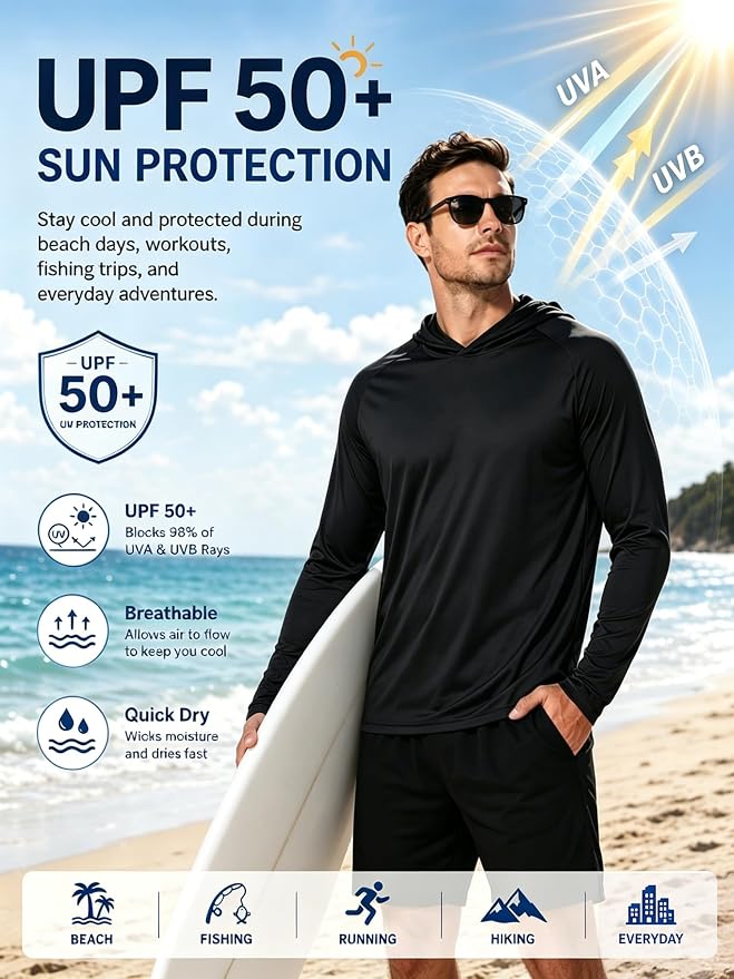 ZITY 3 Pack Men's Sun Protection Hoodie Shirt Fishing Shirts for Men UPF 50+ Long Sleeve Shirt Lightweight Rash Guard