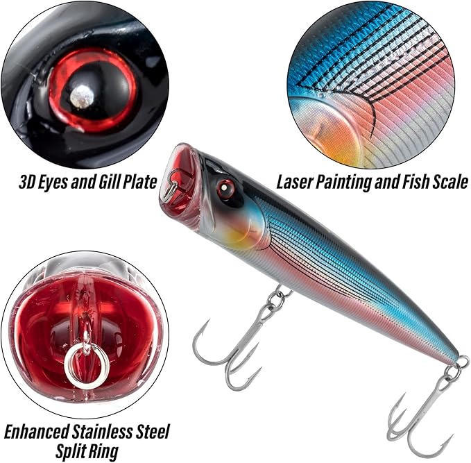 Dr.Fish Popper Saltwater Fishing Lures, 4/5.5 Inches GT Popper VMC Treble Hooks Surf Fishing Lures for Bass Striper Pike Salmon Offshore