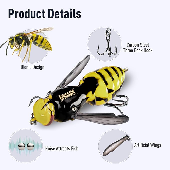 Kingdom Wasp Craw Bait Insect Bionic Floating Fishing Lures Swimbaits Hard Artificial Baits Lure for Freshwater and Saltwater Bass Carp Pike Walleye Fishing ABS Material Carbon Steel Three Book Hook