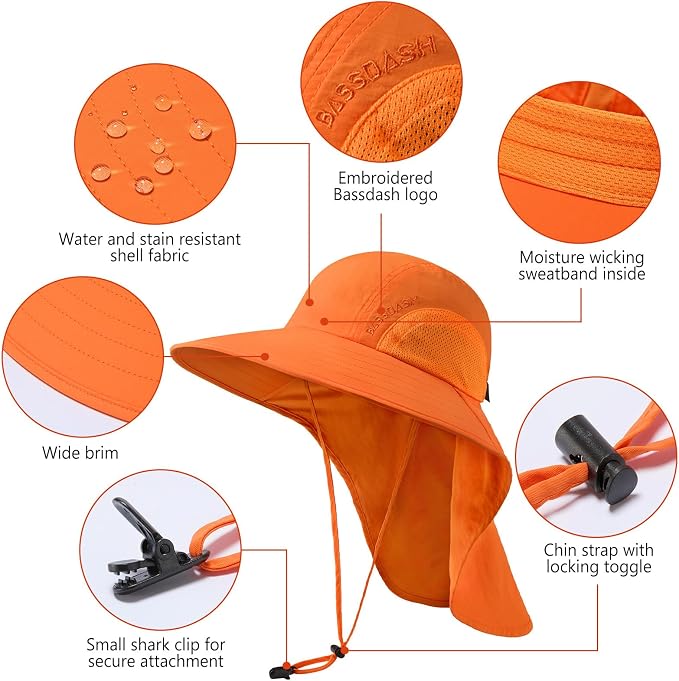 BASSDASH UPF 50+ Unisex Water Resistant Wide Brim Sun Hat with Large Neck Flap Ponytail Fishing Hat for Men Women