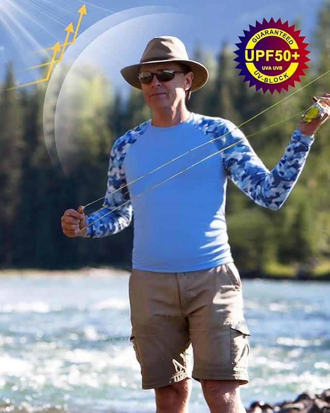 FISHEAL Men's Long Sleeve Fishing Shirts, UPF 50+ Camo Sun Protection Rash Guard, UV Shirt for Swimming Hunting Outdoor