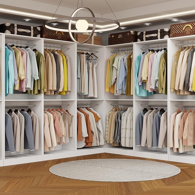 Closet System, 6FT Wood Closet Organizer System Small Walk-in Closet Freestanding Corner Closets Shelf Storage with 9 Hanging Rods, Modular Closet Systems White (6FT)