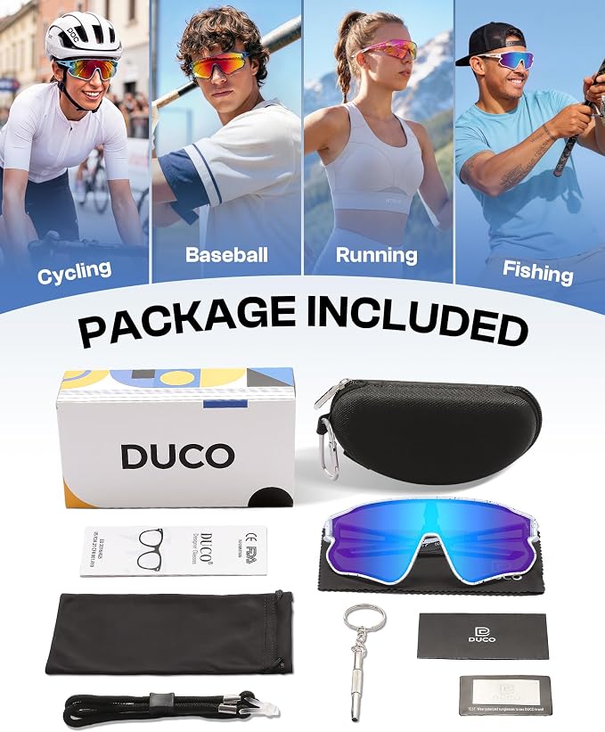 DUCO Polarized Sports Sunglasses for Men Women: UV400 Protection 24g Wrap Around Glasses for Baseball Running Hiking DC0023
