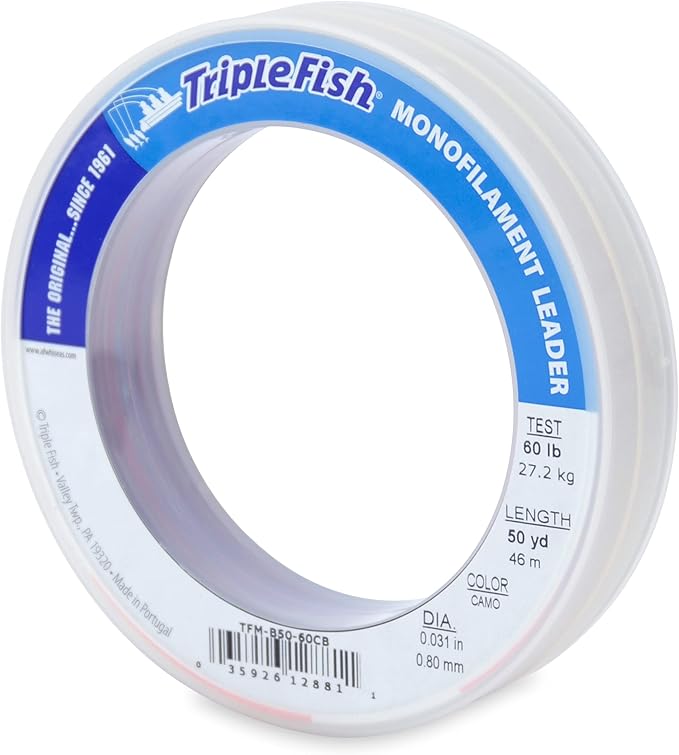 Triple Fish Monofilament Fishing Leader - Clear, Camo Strong Tough Leader Material for Big Game Fishing, Up to 400lb Test