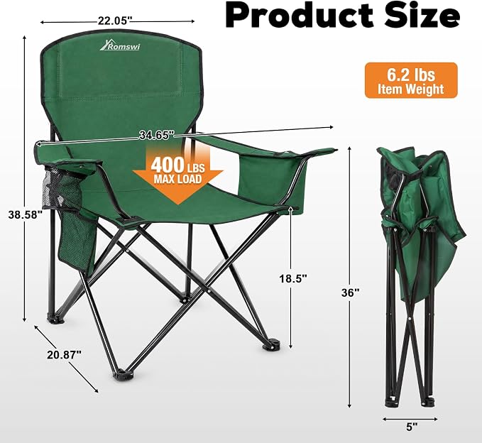 Camping Chairs for Adults 400LBS Capacity, 2 Pack Heavy Duty Folding Chair with 4-Can Cooler Bag, Portable Outdoor Chair with Cup Holder, Collapsible for Tailgating, Beach, Fishing, Green