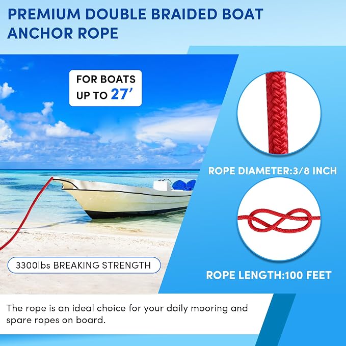 Boat Anchor Rope 100 ft x 3/8 inch Red, Double Braided Anchor Line with Stainless Steel Thimble & Shackle, Marine Rope Ideal for Towing,Mooring,Decks,Anchoring,for Boats Up to 27'