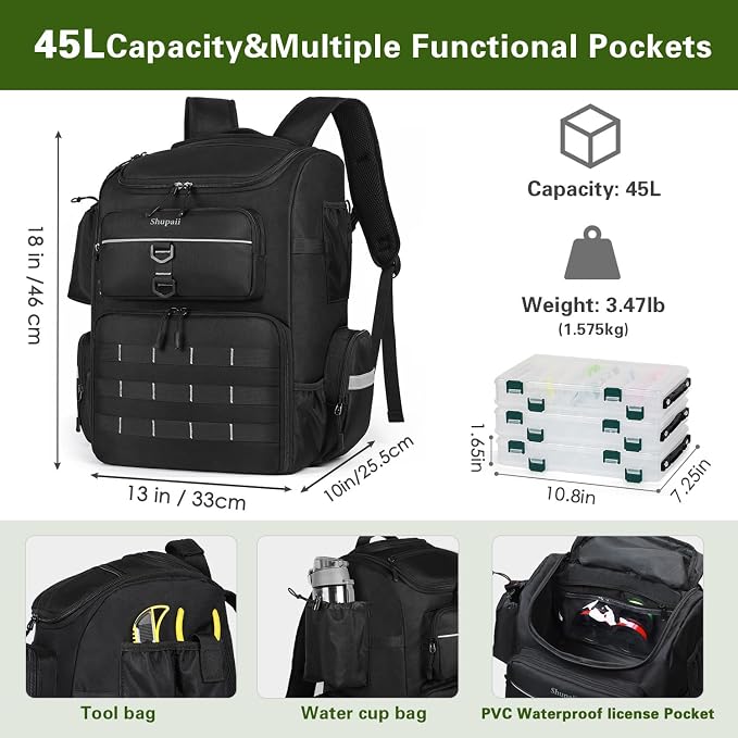 Large Fishing Backpack, Waterproof fishing bag with Rod Holders, 45L Tackle Box Backpack, Fishing Gear Gifts for Men, Tackle Boxes No Including