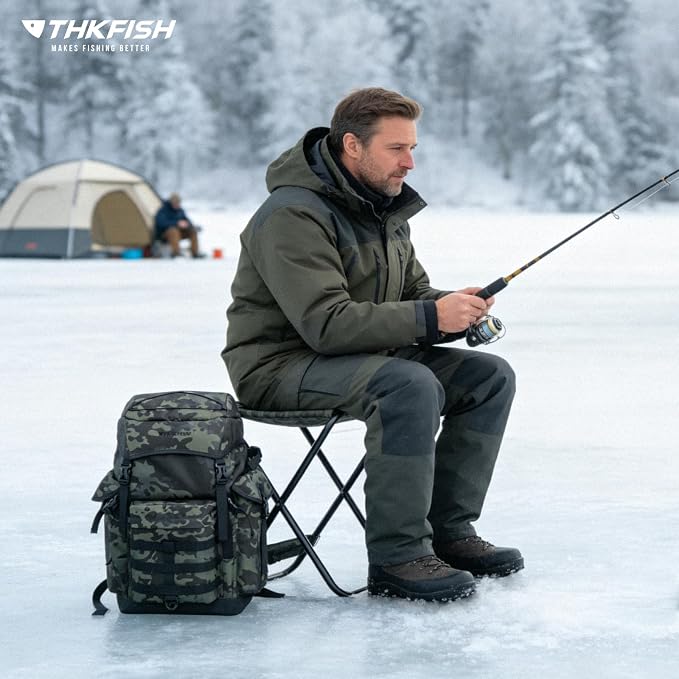 THKFISH Fishing Hunting Backpack Chair with Rod Holder, 35L Large Capacity Storage Tackle Box Foldable Backpack Stool for Adults Fishings, Camping and Hunting
