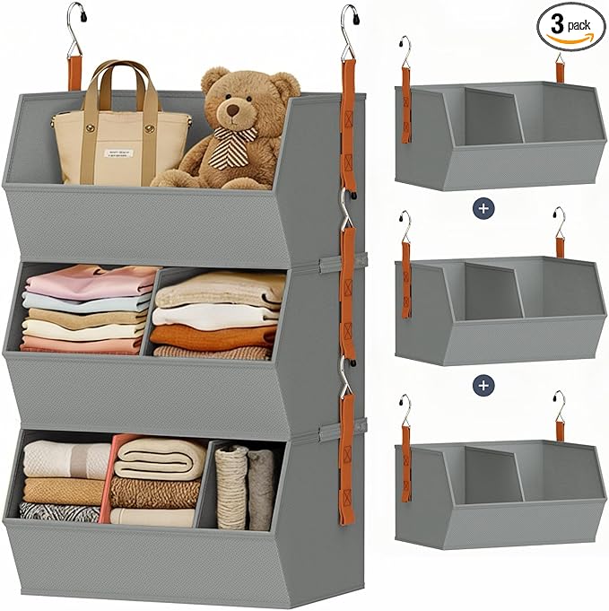Hanging Closet Organizer Extra Large, Clothes Hanging Shelves for Closet with Divider, Collapsible Closet Storage System, Fabric Storage Bins for Home, Dorm, Rv, Sweaters, Handbags, Underwear, Sock