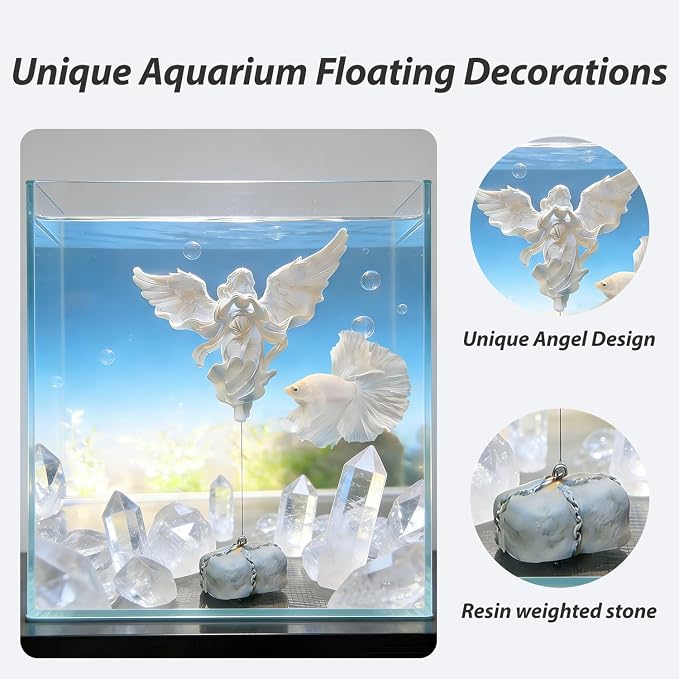 Floating Fish Tank Decorations,Aquarium Angel Decor - White Angel Ornament with Simulated Stone Weight,Betta Fish Tank Decorations,Cool Aquarium Decor for Beginner Fish Tanks