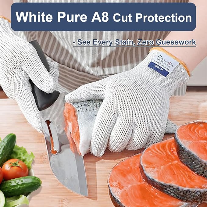 Dowellife Level 8 Reinforced Cut Resistant Gloves, Food Grade, Knife Safety Gloves for Meat Cutting, Oyster Shucking, Fish Fillet, Kitchen Slicing and Wood Carving, White, X-Large