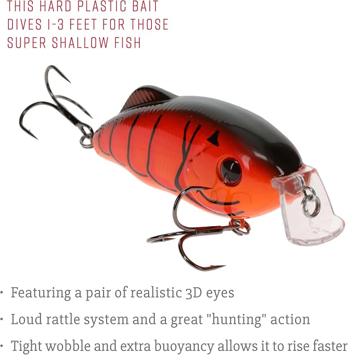 Strike King Hybrid Hunter Shallow Jr. Fishing Lure, Shallow Diving Crankbait, 90-Degree Bill, 3D Eyes, Loud Rattle, Dives 1 to 3-Feet,Size 4 & 6 Treble Hooks