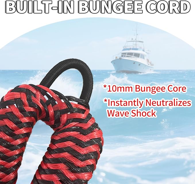2-Pack Bungee Dock Lines for Boats with Loops, Boat Tie Downs for Docking, Adjustable Boat Mooring Rope for Pontoon, Jon Boat & PWC (Red & Black Waves, 4 FT)