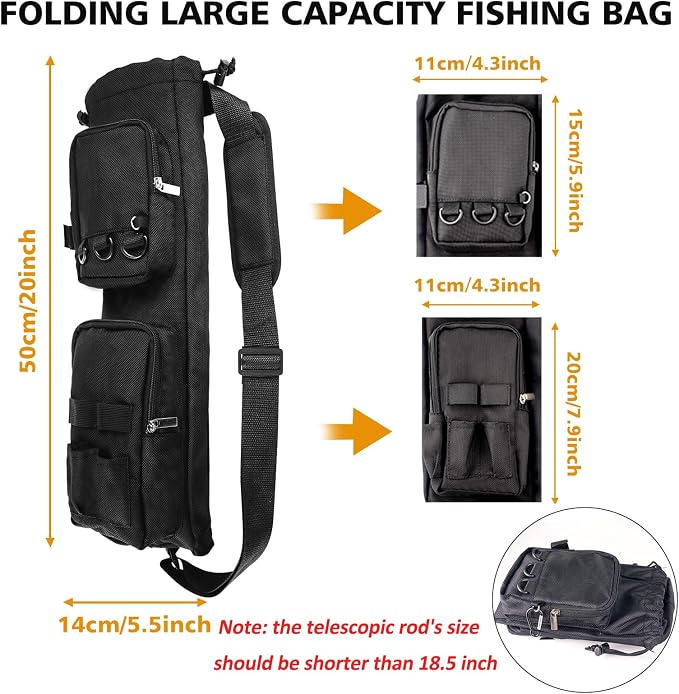 mouhike 2Pack 20-inch Drawstring Crossbody Fishing Storage Bag with Front Pockets Rod Holder Belt, Portable Fishing Tackle Carrier Box for Telescopic Rod, Adjustable Travel Fish Tool Accessory Case