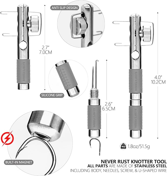 SAMSFX Fishing Stainless Steel Hook Tier, Knot Tying Tool, Loop Tyer, Hook Remover and Zinger Retractors Combo