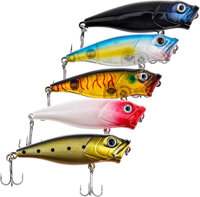 5pcs Fishing Popper Lure, Colorful 3D Eyes Topwater Lures Bass Lures Fishing Hard Baits