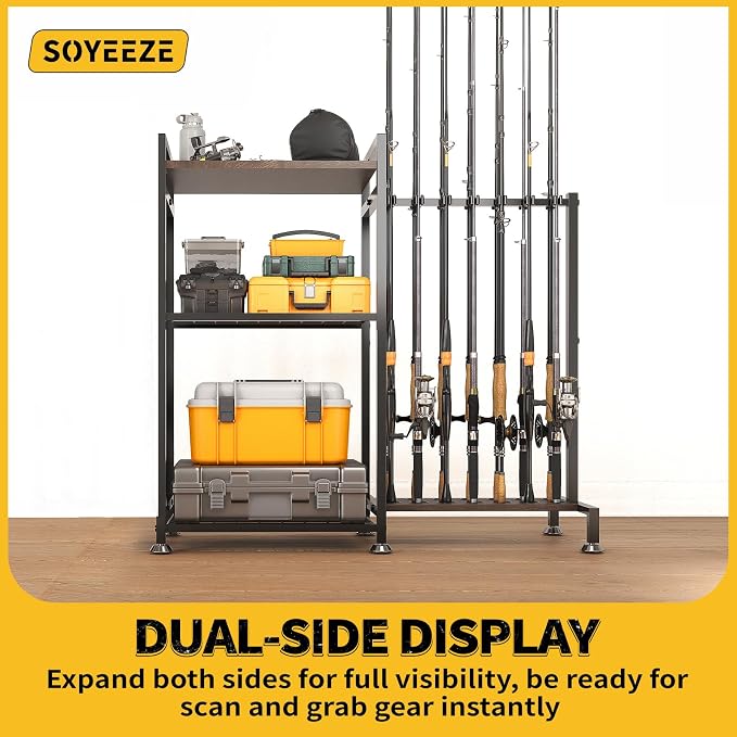 SOYEEZE Fishing Rod Holder for 14 Rods, Ground Stand Fishing Pole Holders for Garage, 2-Sided Vertical Fish Rod Rack for Tackle Box, Fishing Supplies,a Display Fish Gear Storage Gift for Man