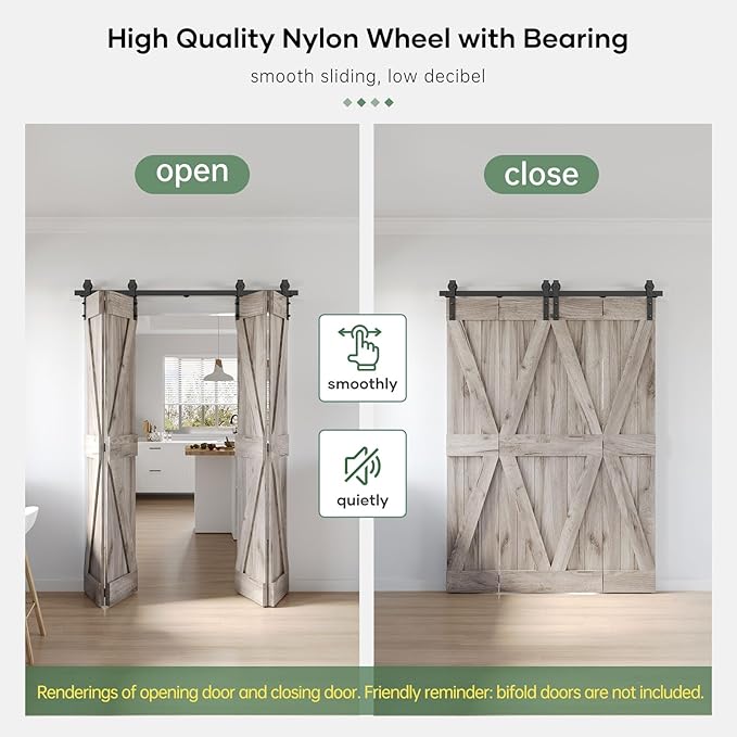 64" Bifold Sliding Barn Door Hardware Track Kit,Side Mounted Black J Shape Roller,Smoothly and Quietly,Assembly Easy,Fit Four 15" Bi-Folding Doors (Door Not Included)