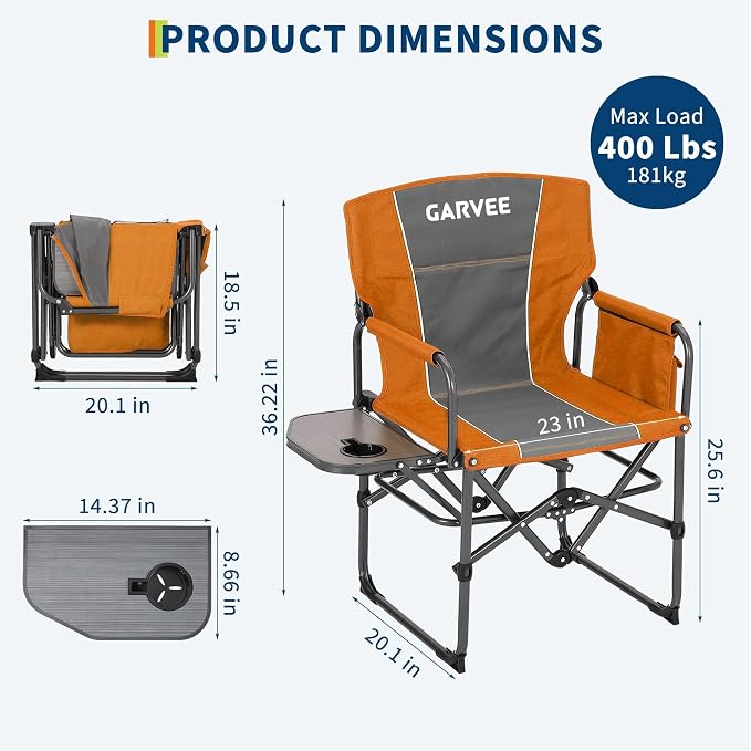 Oversized Camping Directors Chair, Portable Folding Lawn Chairs for Adults Heavy Duty with Side Table, Outdoor Foldable Camp Chair with Pocket for Beach, Fishing, Picnic, Outdoor Foldable Camp Chair
