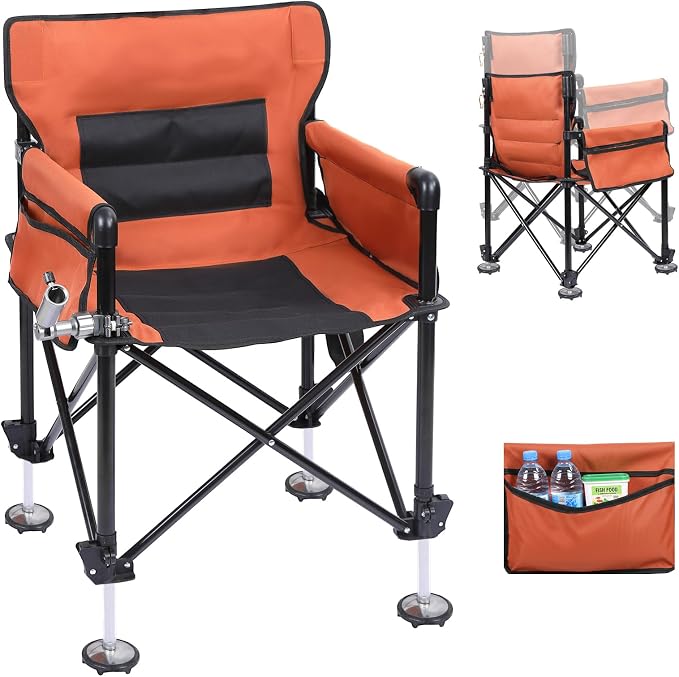 Heavy Duty Folding Fishing Chair 220LBS Load Capacity, Portable Compact Camping Chair with 1 Detachable Rod Holders, Adjustable Legs, Storage Bags & Non-Slip Feet for Outdoor Fishing Beach