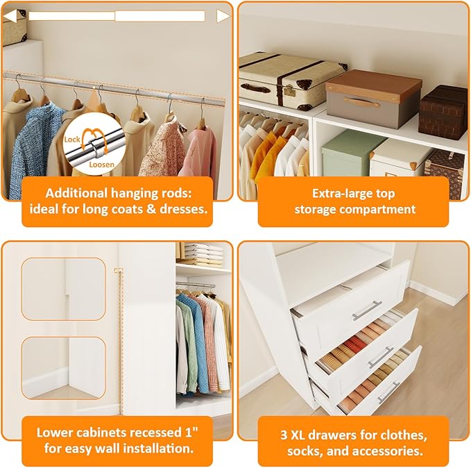 Closet System of 4 Sets with 6 Drawers & 8 Shelves & 8 Hanging Rods, 8FT-20FT Closet Organizer System, Walk in Closet, Modular Closet System White ( 8FT)