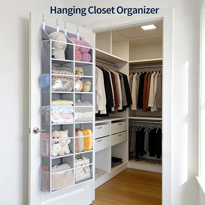 Yecaye 80lb Clear Door Hanging Yarn Storage Organizer, 10 Large Plastic Pockets & 10 Mesh Pockets Over The Door Crochet Organizer, 5 Tier Yarn Ball Storage for Knitting Needles, Gray