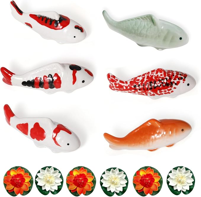6PCS Ceramic Floating Koi Fish 6PCS Floating Foam Lotus Flower Koi Pond Accessories Pond Decor Floating Aquarium Decor Birdbath Decor 【Complete Collection】