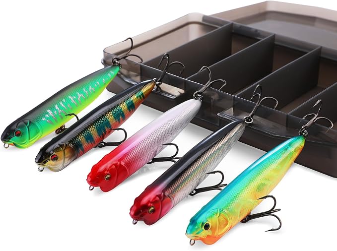 FLISSA 5PCS Top Water Fishing Lures Kits, Bass Fishing Lures for Freshwater & Saltwater, Realistic Hard Bait, Popper Fishing Lure with Treble Hooks for Trout, Bass, Salmon, Walleye Fishing
