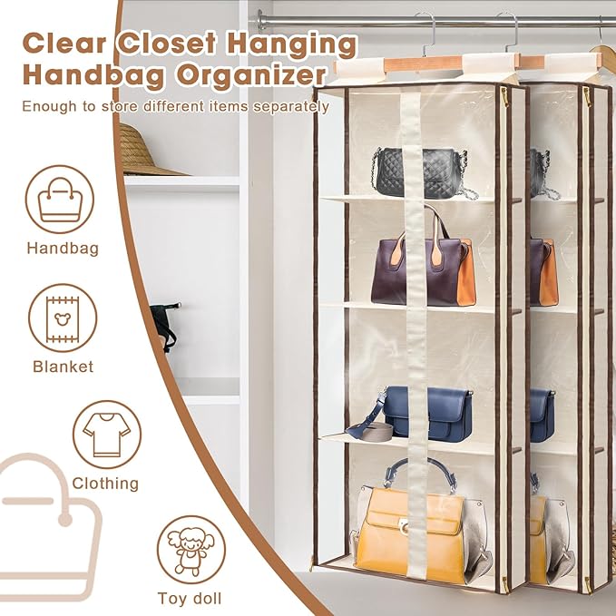 Silkfly 2 Pack Hanging Purse Organizer for Closet Clear Handbag Storage Hanger with Zipper Holder Over The Door Wardrobe Tote Bag Storage Holder for Bedrooms Living Room(Beige)