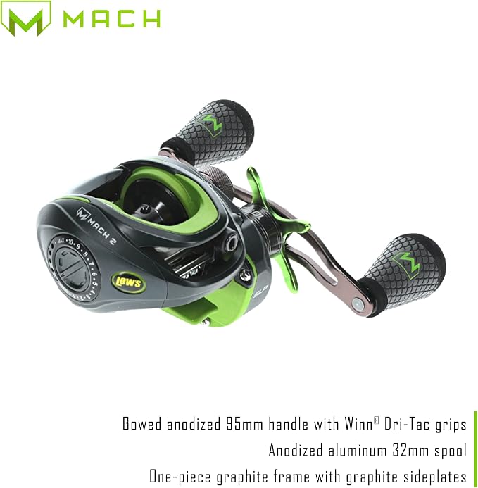 Lew's Mach 2 Baitcast Reel, 9+1 Stainless Steel Ball Bearings, 7.5:1 Gear Ratio, Left-Hand Retrieve, Black/Green