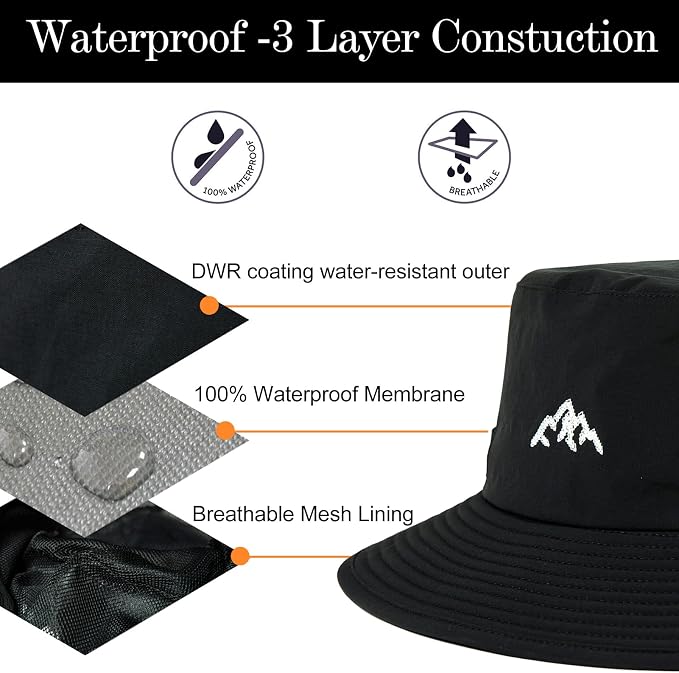TOP-EX L/XL/XXL UV50+ Waterproof Bucket Sun Hat for Fishing Golf Hiking All-Weather Outdoor Rain Hat Stiff Brim