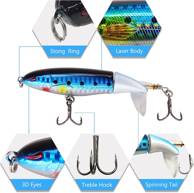 Topwater Bass Fishing Lure Kit, Plopping Propeller Tail Bigger Splash Whopping, Soft Plastic Frog Bait 3D Eyes Lifelike Body Pattern, for Bass Snakehead Musky Pike Walleye, 5 pcs…
