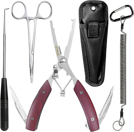 DONQL 6in Fishing Pliers Tools Kit, Fishing Pliers Hook Remover, Fishing Scissors Line Cutter, Saltwater Resistant Fishing Gear with Lanyard, Multifunctional Fishing Hook Remover Gifts