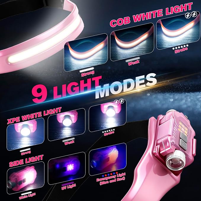 mouhike Pink Fishing Tool Set, 9 Modes Rechargeable LED Headlamp, Long Nose Fishing Pliers, Fish Lip Gripper, Night Fishing Gear Kit Fishing Gift for Men Women