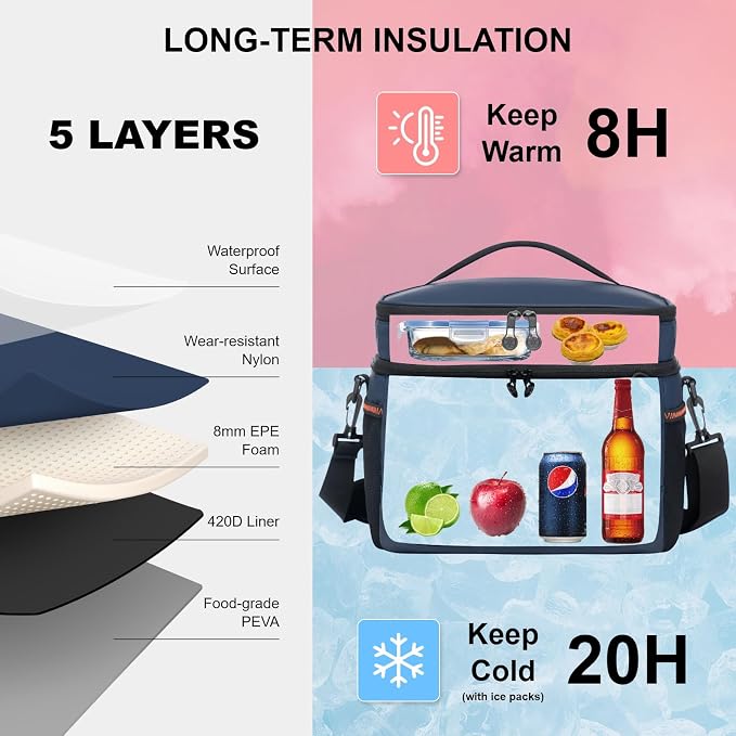 EVERFUN Small Compact Cooler Bag 24/48 Can Insulated Lunch Box Double Deck Soft Leak-Proof Waterproof Collapsible Ice Chest for Men Women Work Travel Car Trip Picnic Beach