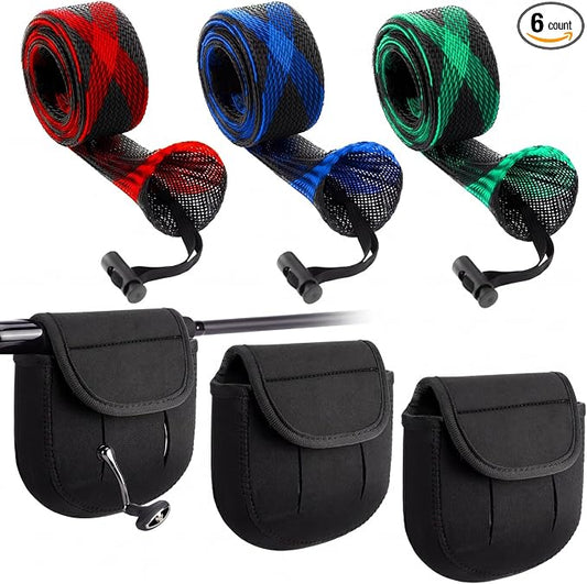 6 Pcs Spinning Reel Covers and Fishing Rod Sleeve Fit 2000-3000 Series Baitcaster Reel Protective Case Pouch Bag Rod Sock for Casting Trolling Spinning Rods Fishing Gear Storage Protection