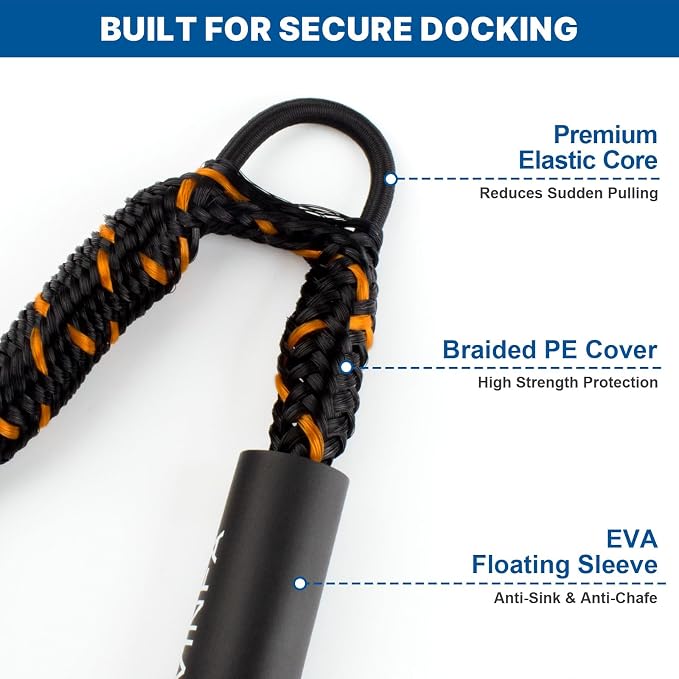Bungee Dock Lines for Boats 4.3 Ft Stretch to 5.6 Ft, 2 Pack Marine Grade Bungee Cords with 316 SS Clips and EVA Floating Sleeve for Jet Ski Kayak Pontoon Boat Accessories (Black+Orange)