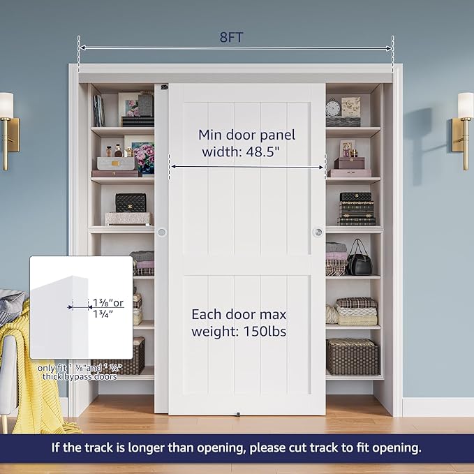 8FT Bypass Door Hardware, Closet Door Track Kit, Top-Mounted Style, Made of Heavy Duty Aluminum, Smoothly and Quietly, for 2 Doors System - Fit Min Door Panel Width of 45.5in, Silver