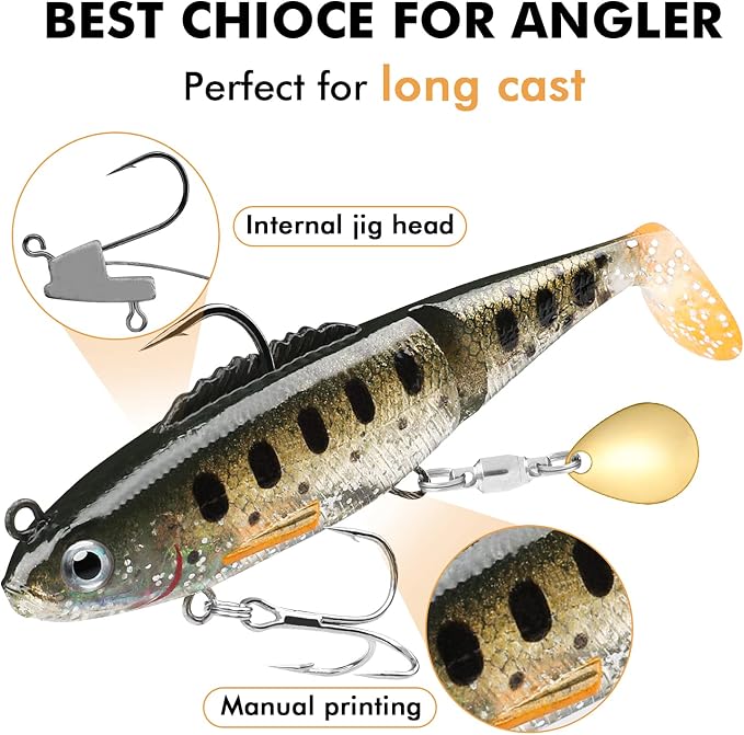 TRUSCEND Duramax Pre-Rigged Fishing Lures with BKK Jig Hooks, 10X Tear-Resistant TPE Soft Swimbaits for Bass Striper Trout Crappie Walleye Grouper, Lifelike Fishing Baits for Saltwater and Freshwater
