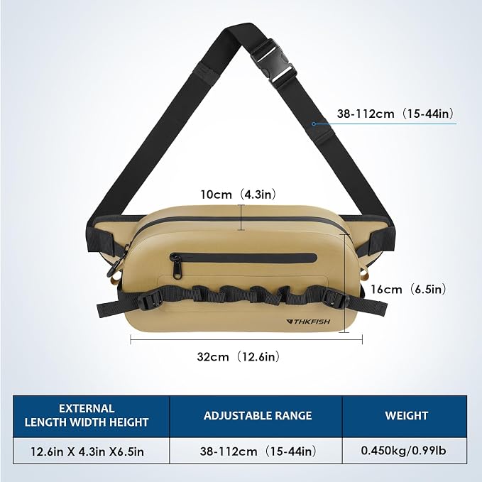 THKFISH Waterproof Fishing Waist Pack, Large Fishing Tackle Bag with Adjustable Strap, Airtight Zipper Closure, Lightweight Sling Fishing Waist Bag for Fly Fishing, Brown