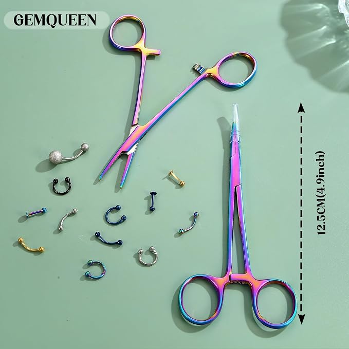 GEMQUEEN Piercing Taper Pliers Ball Grabber Tool for Changing Jewelry - Curved and Straight Forceps Stainless Steel Flat Back Earrings Insertion Tool Threadless Body Piercing Kit for Ear Nose Lip 8pcs