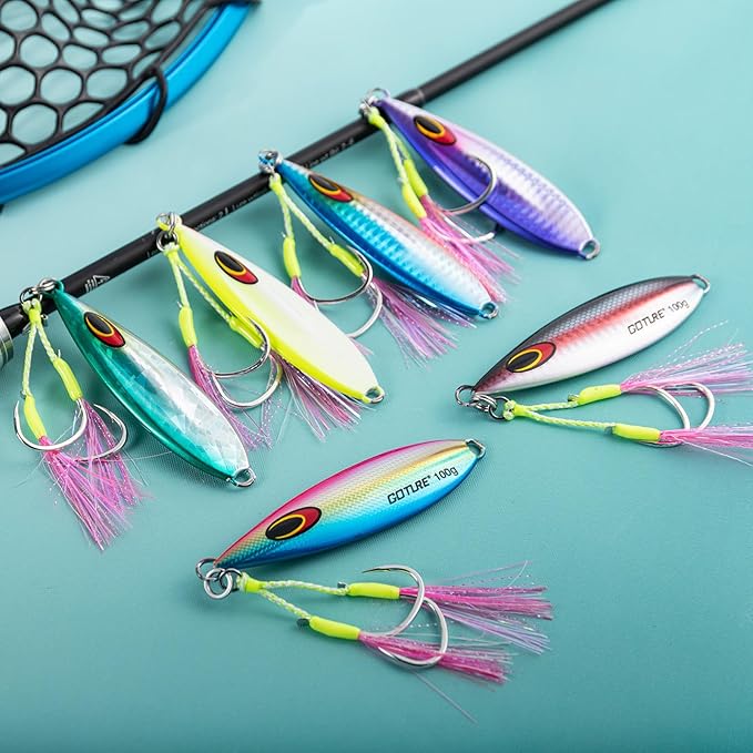 Goture Slow Pitch Jigs, Glow Flat Fall Jig Fishing Lure with Double Assist Hooks and Swivel, Fishing Jigs Saltwater 40g-250g Deep Sea Fishing Jigging Lures for Tuna,Dogtooth Tuna, Yellowtail,Kingfish