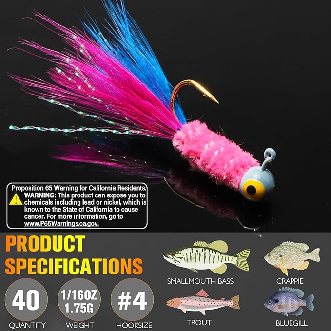 Dovesun Crappie Jigs, Jig Heads with Feather Hand-Tied Marabou Jigs Ice | Fly Fishing Lures 10 Colors 1/32oz 1/16oz 1/8oz Fishing Hair Jigs for Panfish Sunfish Walleye 20-40pcs