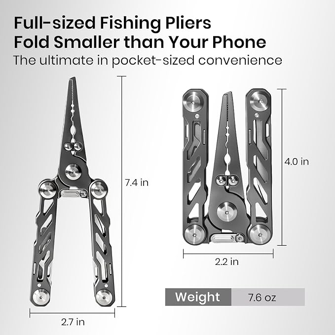 Pristis Foldable Fishing Pliers with Multitools, Saltwater Resistant Titanium Coated Stainless Steel, Portable Full-Sized Forceps with Tungsten Line Cutter, Ring Splitter, Hook Remover and Multi Tool