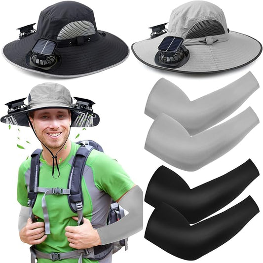 Glitopper 2 Set Wide Brim Solar Fan Hats with 2 Solar Fan and Arm Sleeves Set Outdoor Fishing Bucket Hat for Men Women Hiking