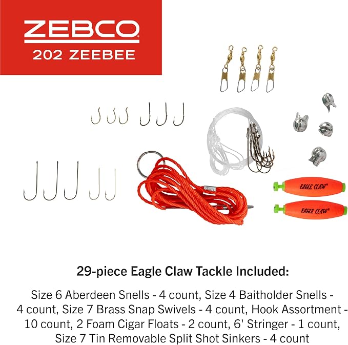 Zebco 202 Zeebee Spincast Reel and Fishing Rod Combo, Size 30 Reel, 29-Piece Eagle Claw Tackle Kit