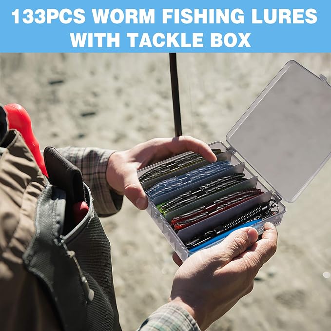 PLUSINNO Wacky Worm Fishing Lure Kit, Soft Plastic Fishing Lures, Grub Baits Hook Wacky Rig Bass Trout Fishing Worms Lures w/Tackle Box