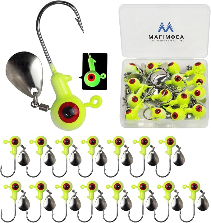 15/20/30Pcs Underspin Jig Heads with Spinner Fishing Jig Heads Hooks Set Crappie Jigs Fishing Jig Hooks Assortment Saltwater Freshwater Bass Crappie Trout Glow in The Dark…
